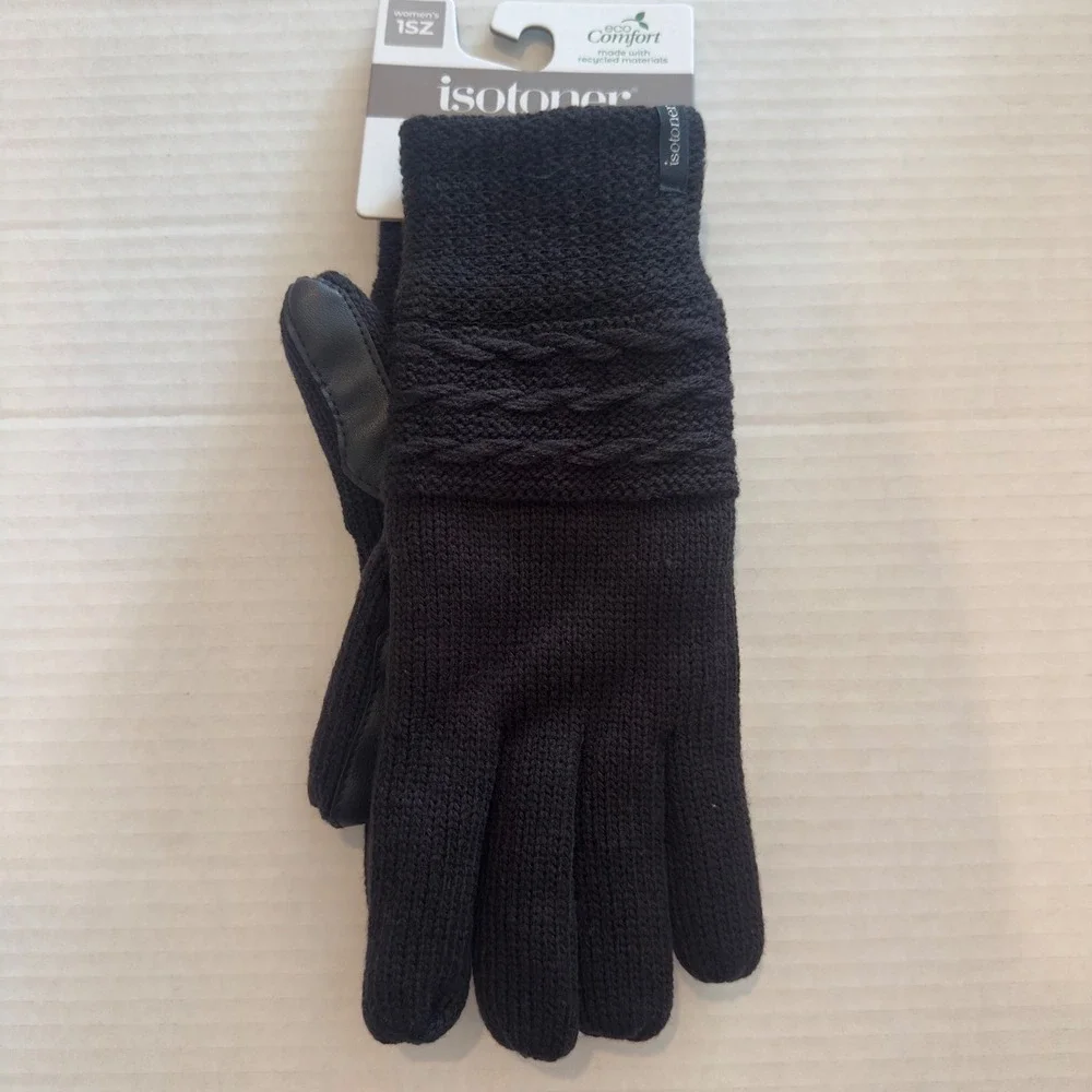 Isotoner Womens Eco Comfort smartDri smartTouch Black Knit Gloves A519K2 NEW - Picture 2 of 5